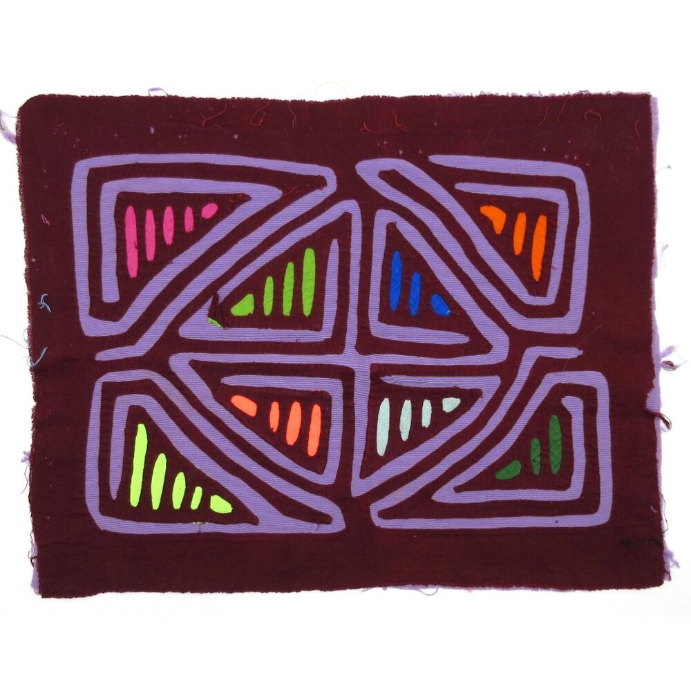 Handstitched Kuna Mola Panama Textile Art Panel Burgandy Wall Hanging Geometric